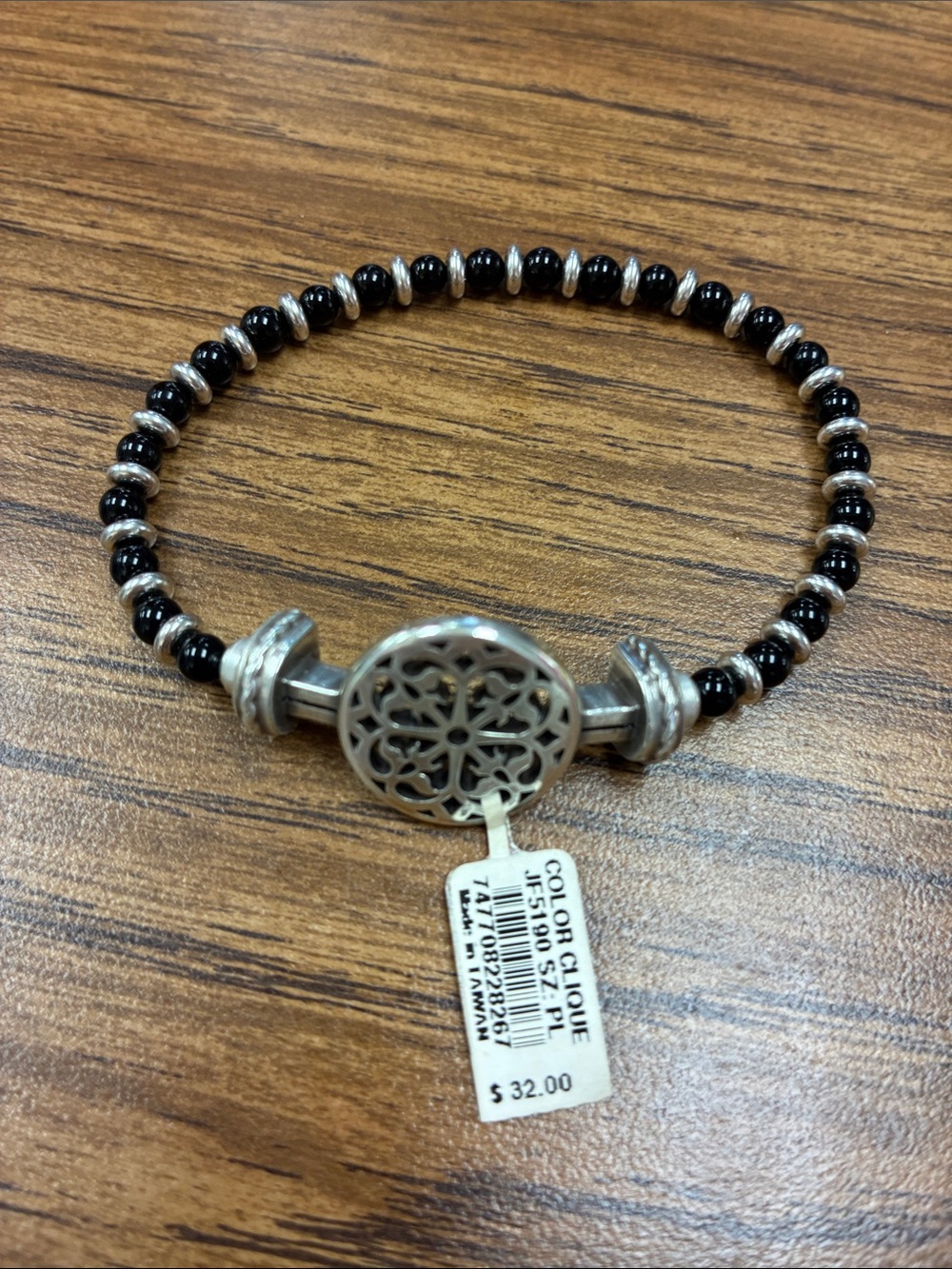 Brighton Black Beaded Bracelet with Silver Filigree Medallion